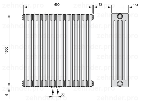 Схема (чертеж) Радиатор Zehnder Charleston 5150/15 №3470 Белый глянцевый RAL 9016